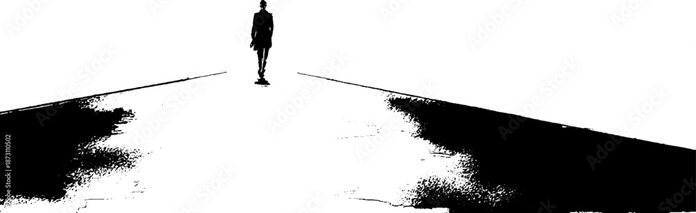 Obraz premium Silhouetted figure on a dark pathway in high contrast black and white