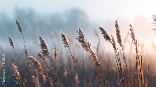 Golden reeds in a misty morning landscape