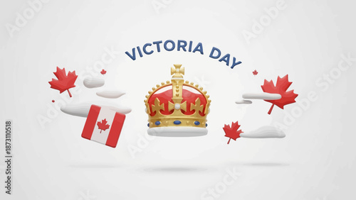 Victoria Day Crown, Maple Leaves, and Canadian Flag 3D Illustration