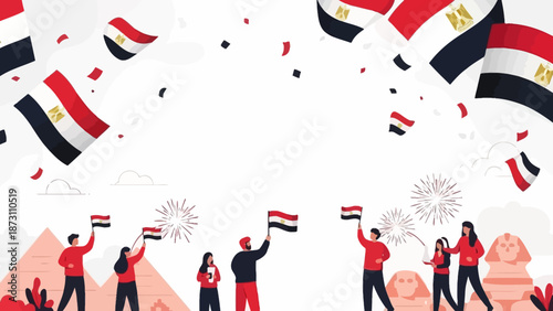 Egypt National Day Celebration with People and Flags