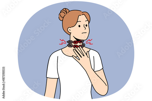 Suffocation in girl with chain around neck, in need of treatment for illness caused by malfunction of heart or lungs. Woman suffers from suffocation squeezing throat and blocking access of oxygen