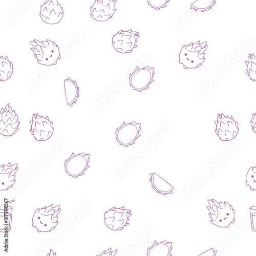 Seamless pattern design dragon fruit pink line fruit motif