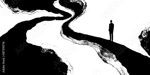 Abstract monochrome solitude: silhouette of male figure on winding path