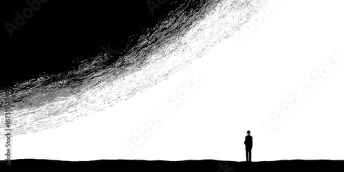 Silhouette of person gazing at expansive black and white universe