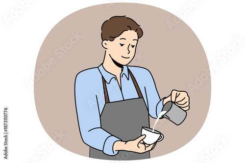 Man barista prepares delicious coffee with fresh cream, working in trendy coffee shop or restaurant. Barista guy pours milk into mug of cappuccino, which gives energy due to its caffeine content.