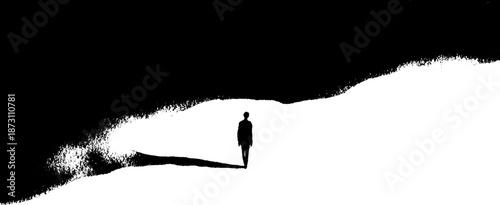 Silhouette of a figure walking on a bold contrast landscape