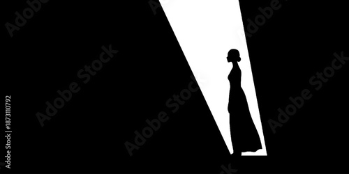 Silhouette of female in elegant gown under spotlight