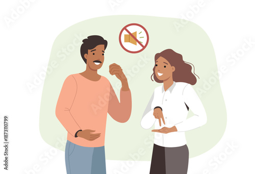 Dialogue of deaf-mute man and woman using sign language to communicate and gossip. Happy deaf-mute couple enjoying communication and opportunity to use gestures to convey own thoughts