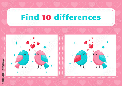Logic game for kids. Find ten differences. Valentines theme. Lovely birds with hearts. Flat cartoon doodle style. Educational matherials.Educational logical game for kids. Vector illustration.