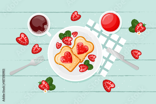 Vibrant banner with tosts,jam,strawberry and coffee on blue wooden table. Lovely banner with food.Decorations for backery, cafe, restaurant.Flat cartoon style.Delicious breakfast or lunch.Vector 