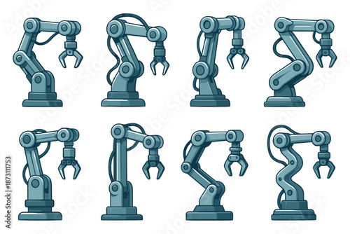 Industrial robotic arm illustration collection in teal colors. Set of automated mechanical manipulators for factory and technology concepts