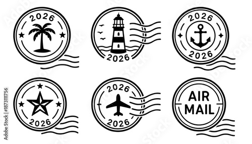 Retro travel postage stamp icon collection in black. Set of palm tree, lighthouse, anchor, airplane, air mail symbols