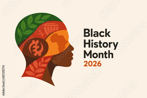 Black history month 2026 illustration with human profile. Black History Month celebration highlighting culture heritage and identity
