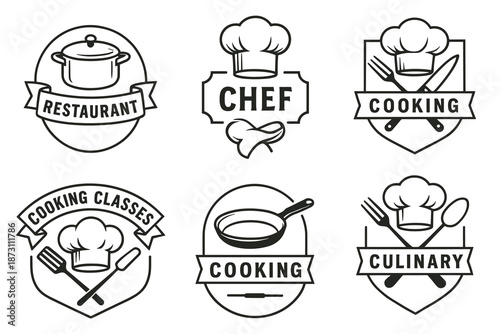 Culinary badge icon collection in black. Set of chef hat, cooking tools, restaurant and food symbols