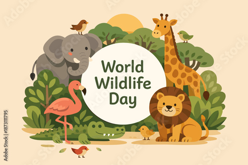 World wildlife day illustration with animals. World Wildlife Day celebration promoting nature conservation and animal protection