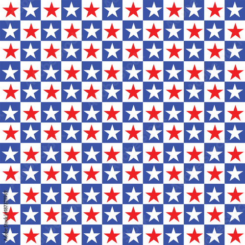 Seamless pattern with red and white stars on blue and white checkered background for patriotic design. fabric pattern	