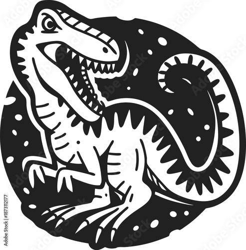 dinosaur illustration fierce prehistoric reptile roaring in circular emblem, aggressive jurassic animal mascot design