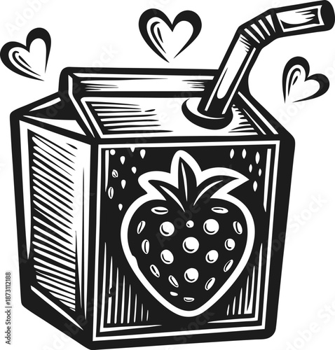 Strawberry juice box with straw and hearts hand drawn carton drink icon, sweet berry beverage illustration in black and white