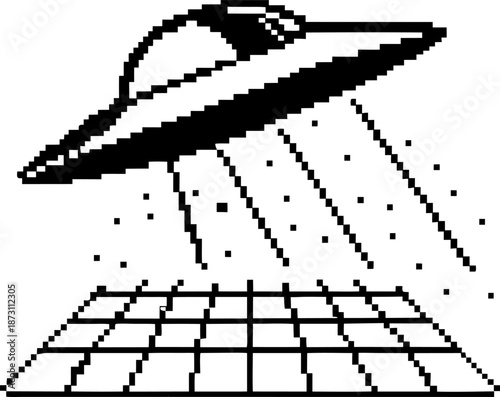 pixel art ufo spaceship abducting from grid surface with light beams, retro digital alien invasion concept