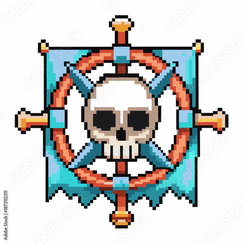 Pixel art pirate ship wheel with skull symbol in retro 8 bit for gaming and digital design
