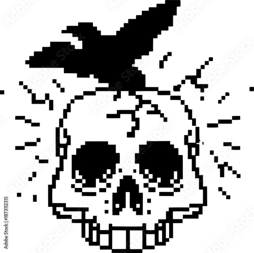 Pixel art skull with crow sitting on top and radiating lines, retro monochrome digital illustration of spooky halloween symbol
