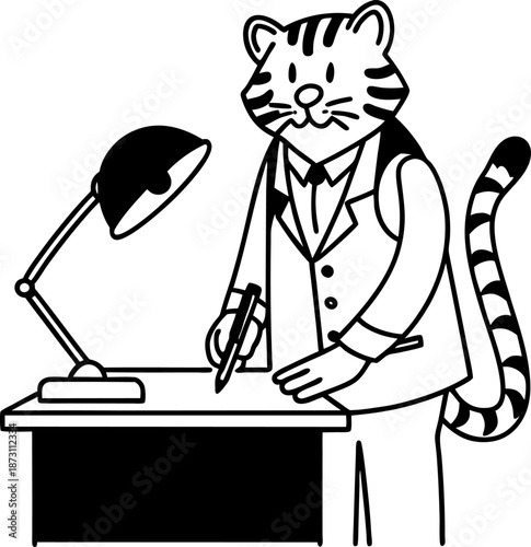 anthropomorphic tiger in business suit writing at desk with lamp, animal character in office setting