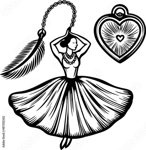 black and white illustration of a hula dancer with a feather accessory and a heart shaped locket charm