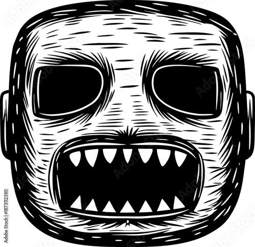 Scary monster face with sharp teeth and hollow eyes in black and white sketch