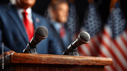 Wooden podium with two microphones and person in navy suit and red tie standing behind it with blurred American flag background for news.