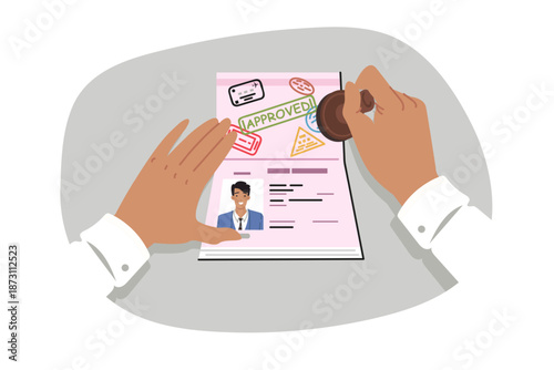 Visa stamp is placed in international passport by hands of customs inspector working at airport. Visa and permission to stay in country, inside personal documents of man going on emigration or travel