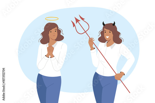 Struggle good and evil in soul of business woman who chooses style of management and development. Business woman with halo above head arrived from heaven, next to lady with horns was devil from hell