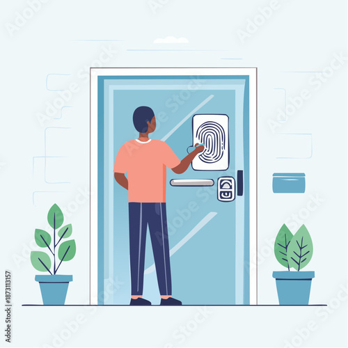 Man Accessing Building Through Biometric Fingerprint Scanner On Modern Glass Door With Potted Plants On Either Side And Light Blue Walls