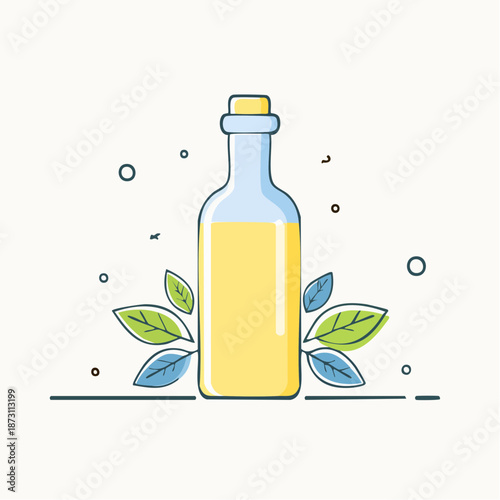 Simple Line Art Illustration of a Clear Glass Bottle Filled with Yellow Liquid Surrounded by Green Leaves on a White Background