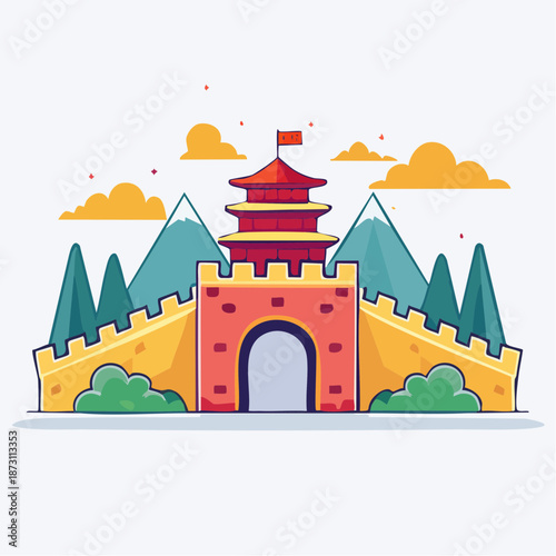 Pixel Art Ancient Chinese Fortress Gate With Red Tower Blue Mountains Green Trees And Yellow Walls Under Cloudy Sky