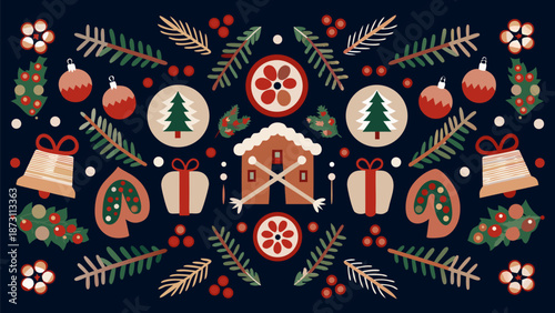 Vibrant Christmas decorations with gingerbread house and ornaments