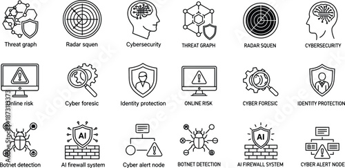 Cybersecurity flat icons collection: digital threats & protection