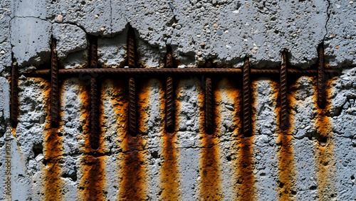 Rusty metal rods embedded in a weathered concrete wall with visible corrosion and aged texture