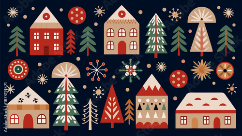 Whimsical winter village with colorful houses and trees