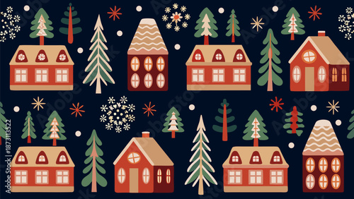 Whimsical winter village with snowflakes and pine trees