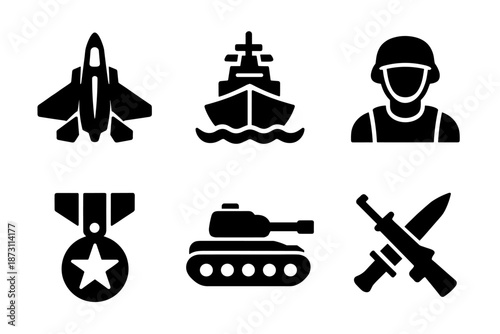 Military and defense icon collection in black. Set of fighter jet, warship, soldier, medal, tank and crossed weapons icons