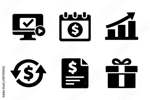 Financial planning icon collection in black. Set of calendar budget, income chart, growth graph, money document, checklist report, savings symbol