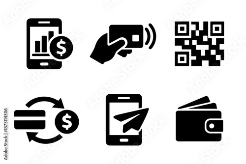 Digital payment icon collection in black. Set of mobile payment, contactless card, qr code, online transfer, smartphone finance, cashless symbol