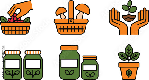 A collection of natural living icons including harvesting planting and preservation symbols, icon set, nature, gardening, harvesting, planting, organic, sustainability, environment, natural products