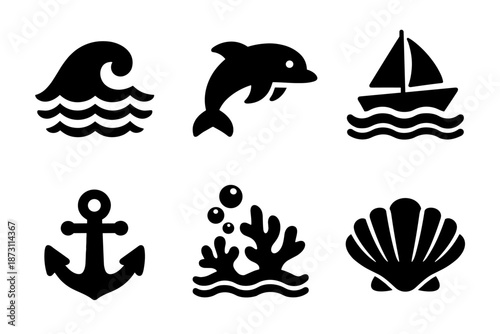 Marine and sea life icon set. Includes ocean wave, dolphin jump, sailboat travel, anchor symbol, coral reef, seashell