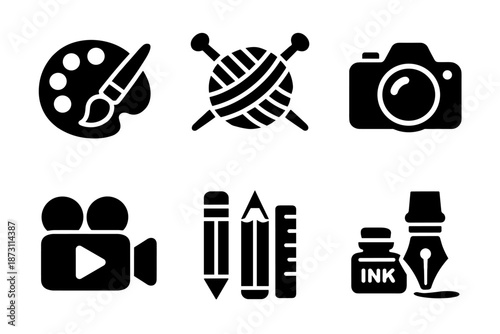 Creative hobby icon collection in black. Set of paint palette, knitting yarn, camera, video camera, pencil and ink icons