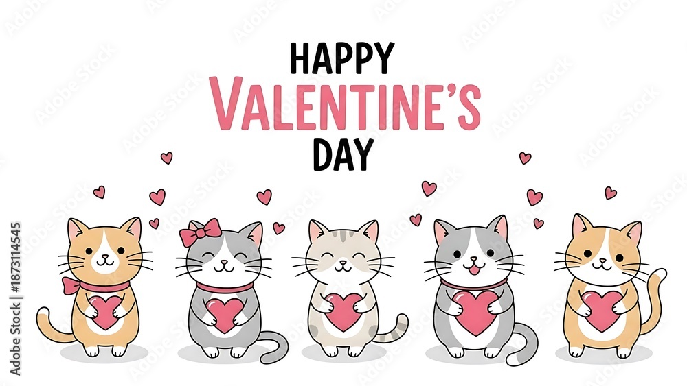 Fototapeta premium Cute Valentine's Day kittens holding hearts, celebrating love with adorable expressions and festive confetti, perfect for greeting cards and gifts