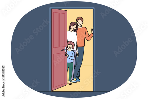 Happy family invites guests to housewarming party after buying or renting apartment, standing near open door. Smiling mom and dad say welcome, arranging housewarming party for close friends or parents