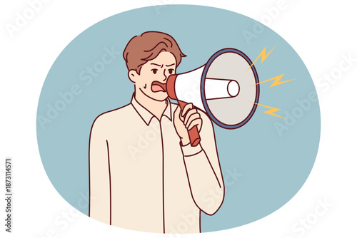 Angry businessman with megaphone yells at employees due to lack of management skills. Nervous businessman making announcements over gramophone to urge colleagues to complete task before deadline