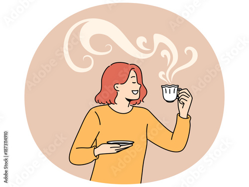 Woman drinks aromatic coffee from beautiful mug and smiles enjoying taste of hot drink. Girl loves coffee or tea, which allows to refresh herself and gain strength before hard day at work.