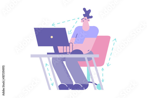 Smiling man work on computer in correct position